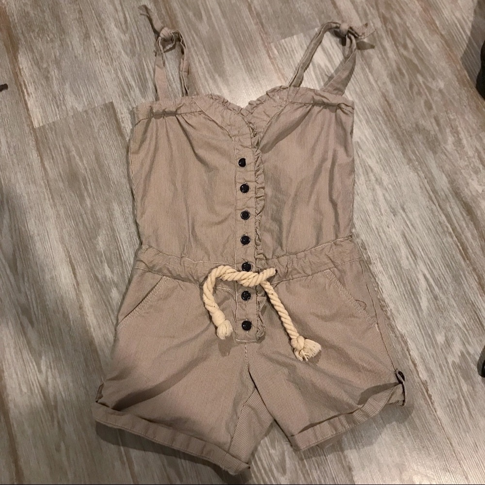 Obey Striped Button Romper in Gray/Beige